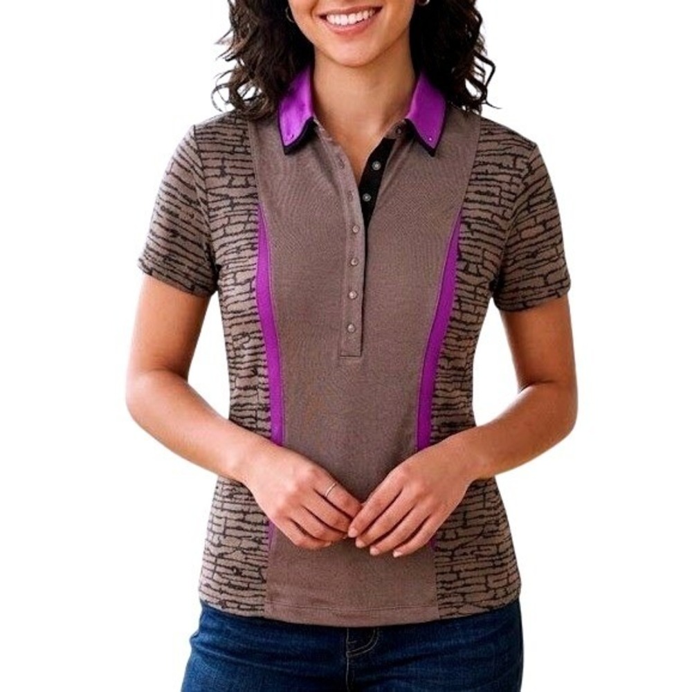 Jamie Sadock Womens Short Sleeve Golf Polo Shirt Gray Purple Abstract Print Sz M